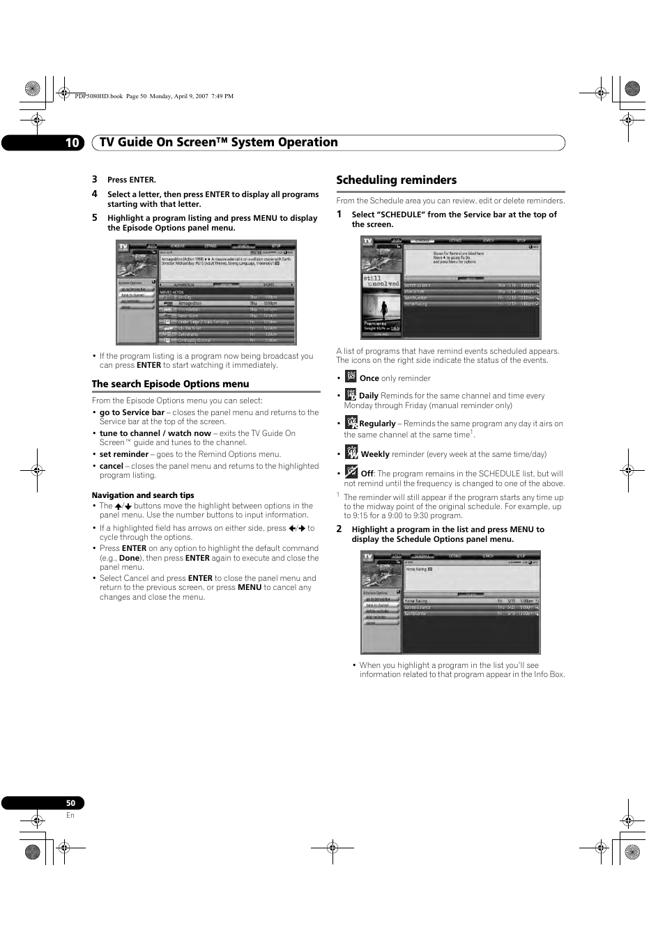 The search episode options menu, Scheduling reminders, Tv guide on screen™ system operation 10 | Pioneer PDP-5080HD User Manual | Page 50 / 285