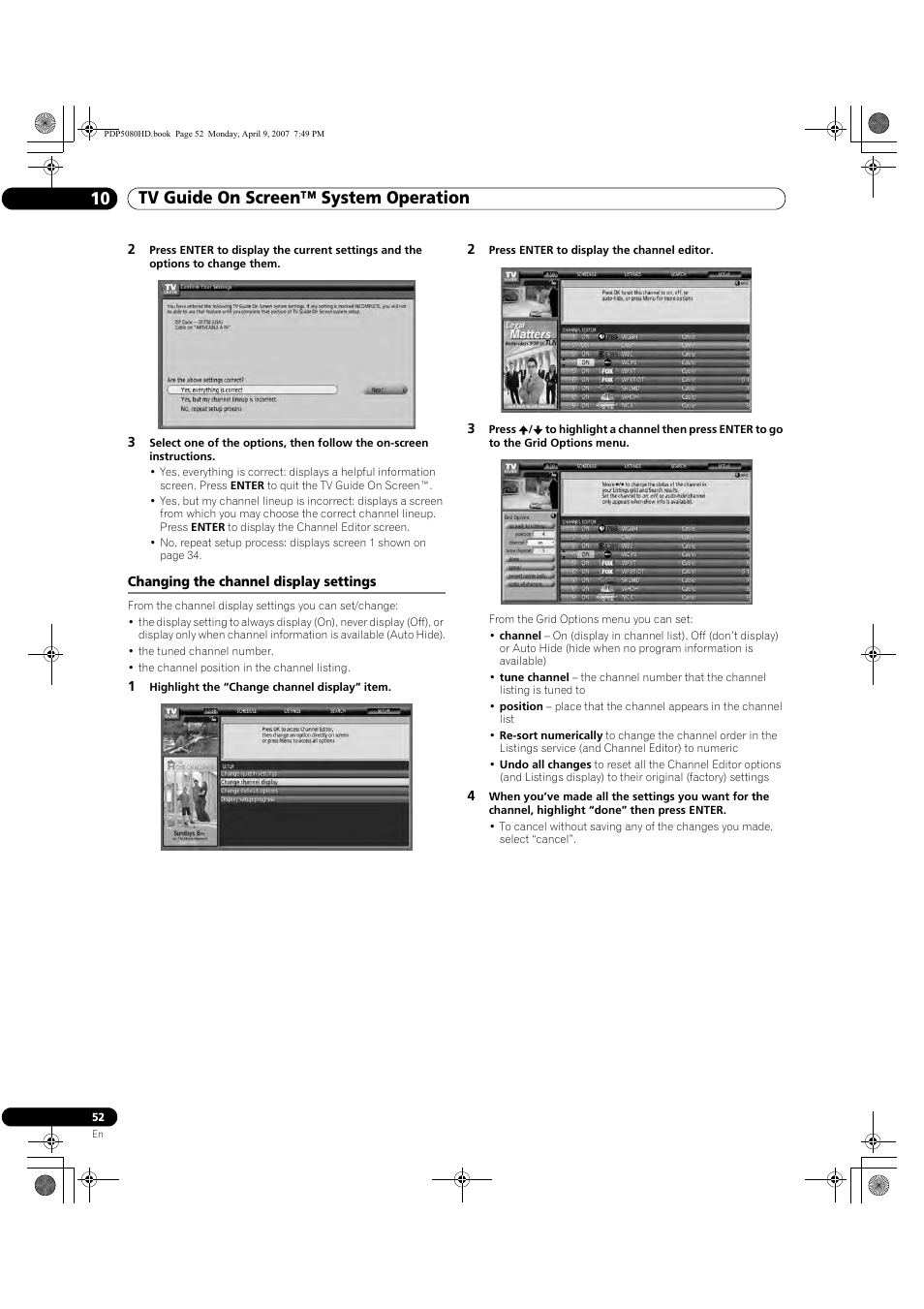Changing the channel display settings, Tv guide on screen™ system operation 10 | Pioneer PDP-5080HD User Manual | Page 52 / 285