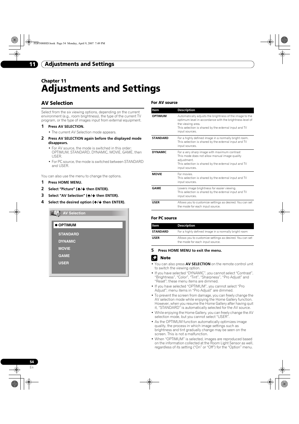11 adjustments and settings, Av selection, Adjustments and settings | Adjustments and settings 11, Chapter 11 | Pioneer PDP-5080HD User Manual | Page 54 / 285