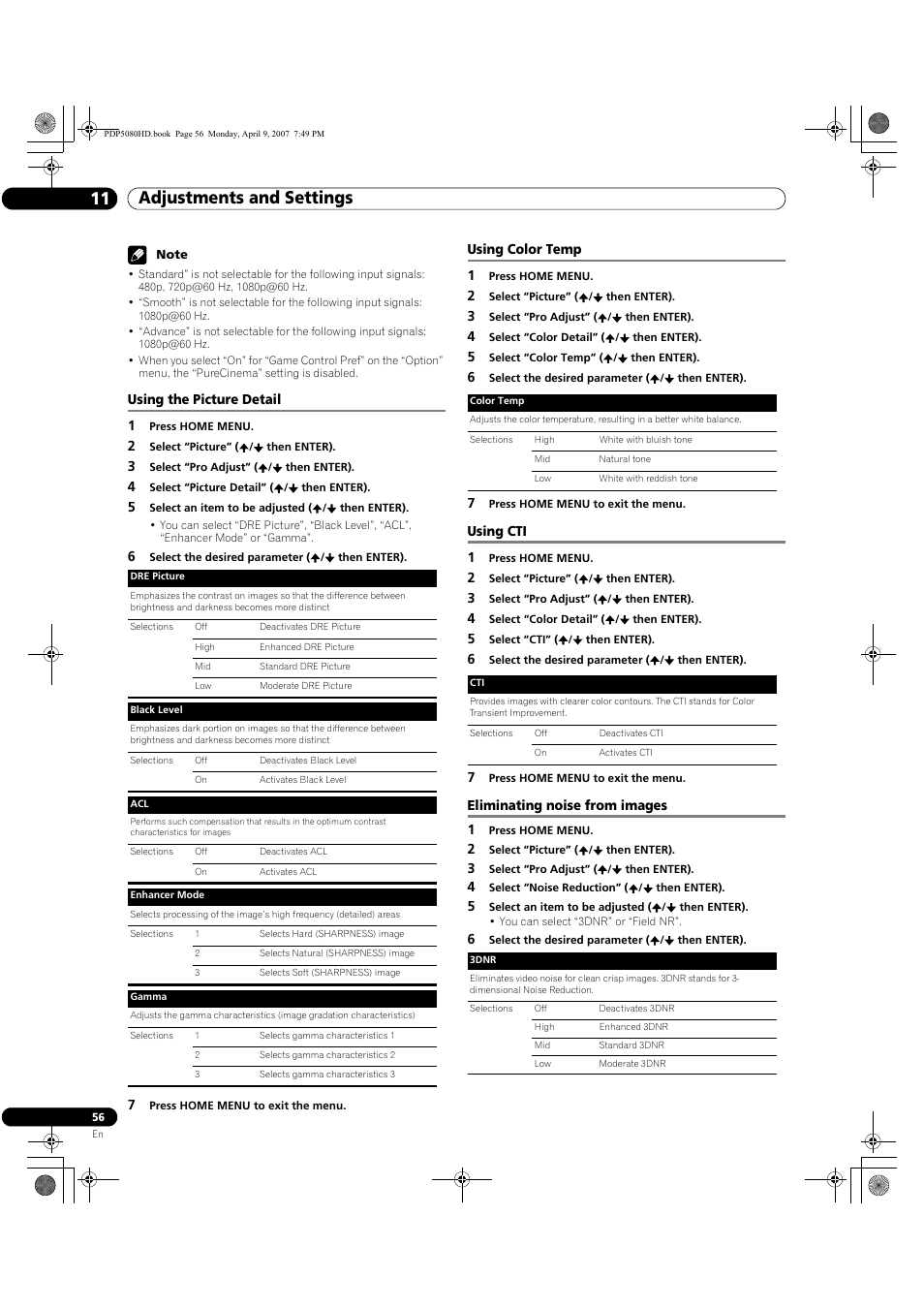 Adjustments and settings 11 | Pioneer PDP-5080HD User Manual | Page 56 / 285