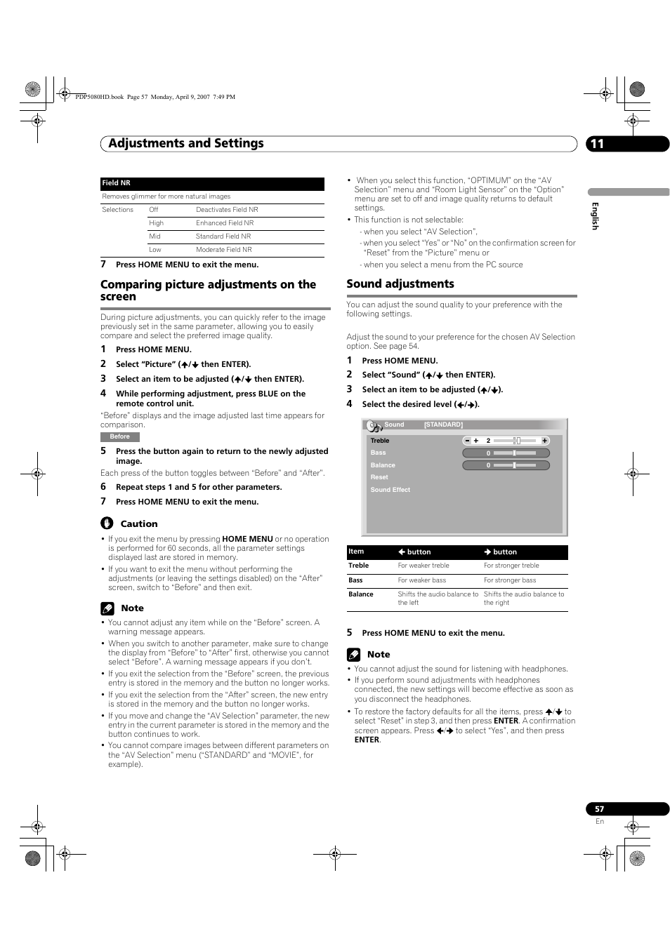 Adjustments and settings 11, Comparing picture adjustments on the screen, Sound adjustments | Pioneer PDP-5080HD User Manual | Page 57 / 285