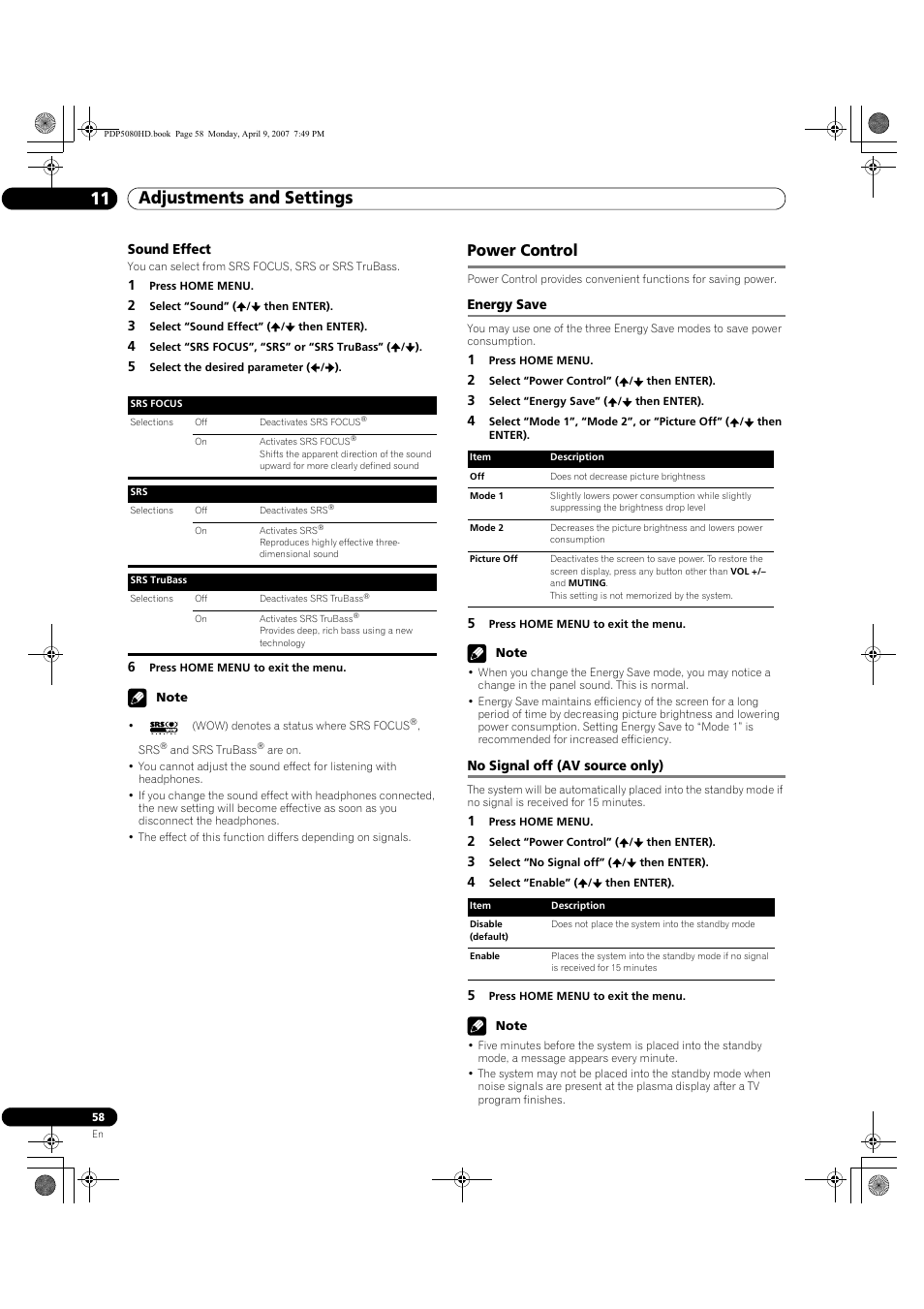 Power control, Energy save no signal off (av source only), Adjustments and settings 11 | Pioneer PDP-5080HD User Manual | Page 58 / 285