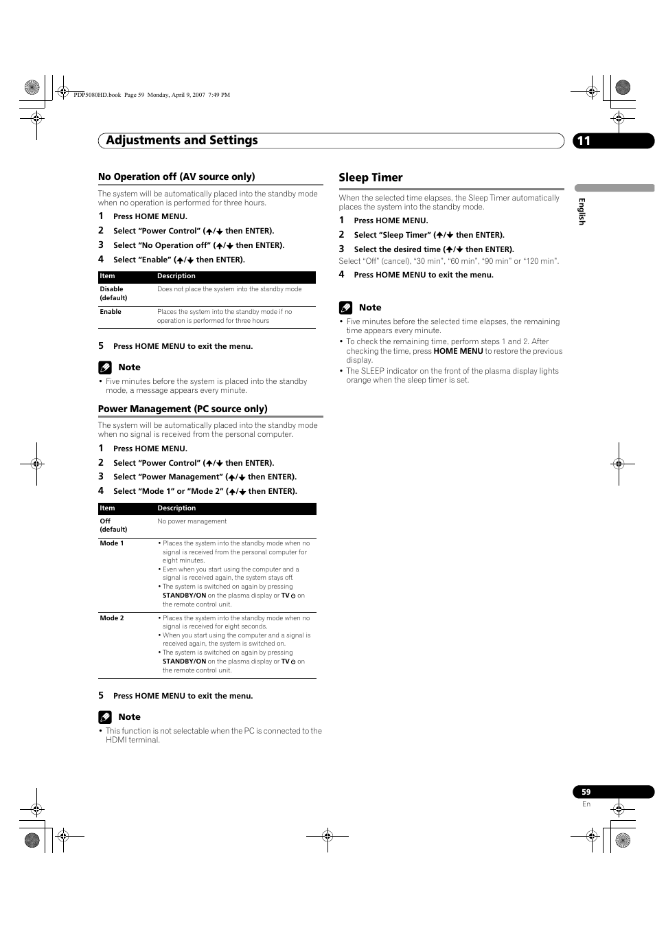 Sleep timer, Adjustments and settings 11 | Pioneer PDP-5080HD User Manual | Page 59 / 285