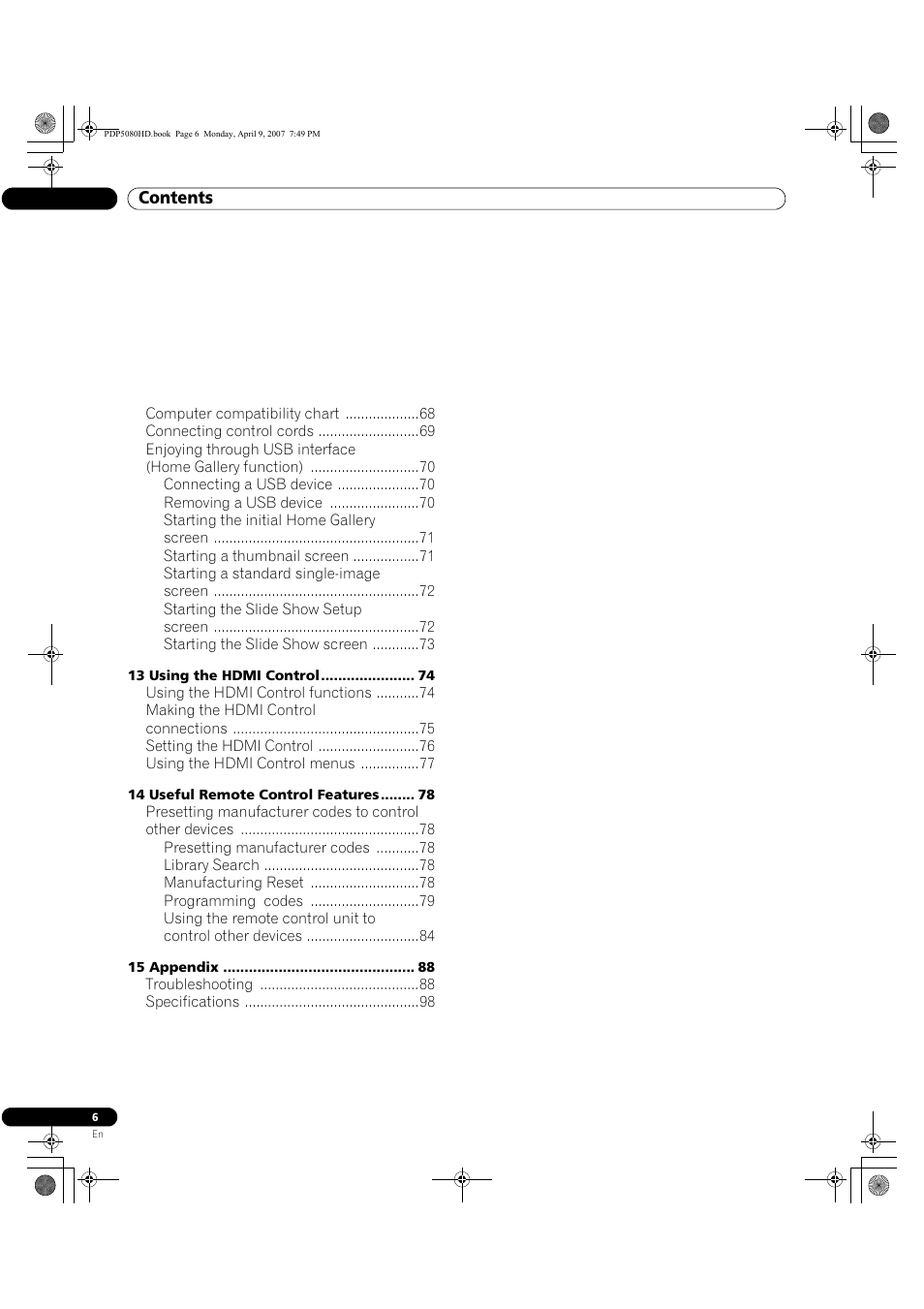 Pioneer PDP-5080HD User Manual | Page 6 / 285