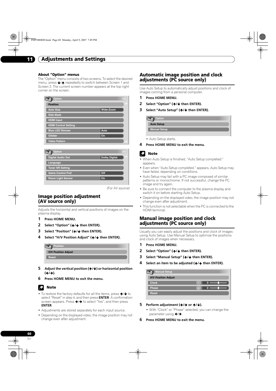 Adjustments and settings 11, Image position adjustment (av source only) | Pioneer PDP-5080HD User Manual | Page 60 / 285