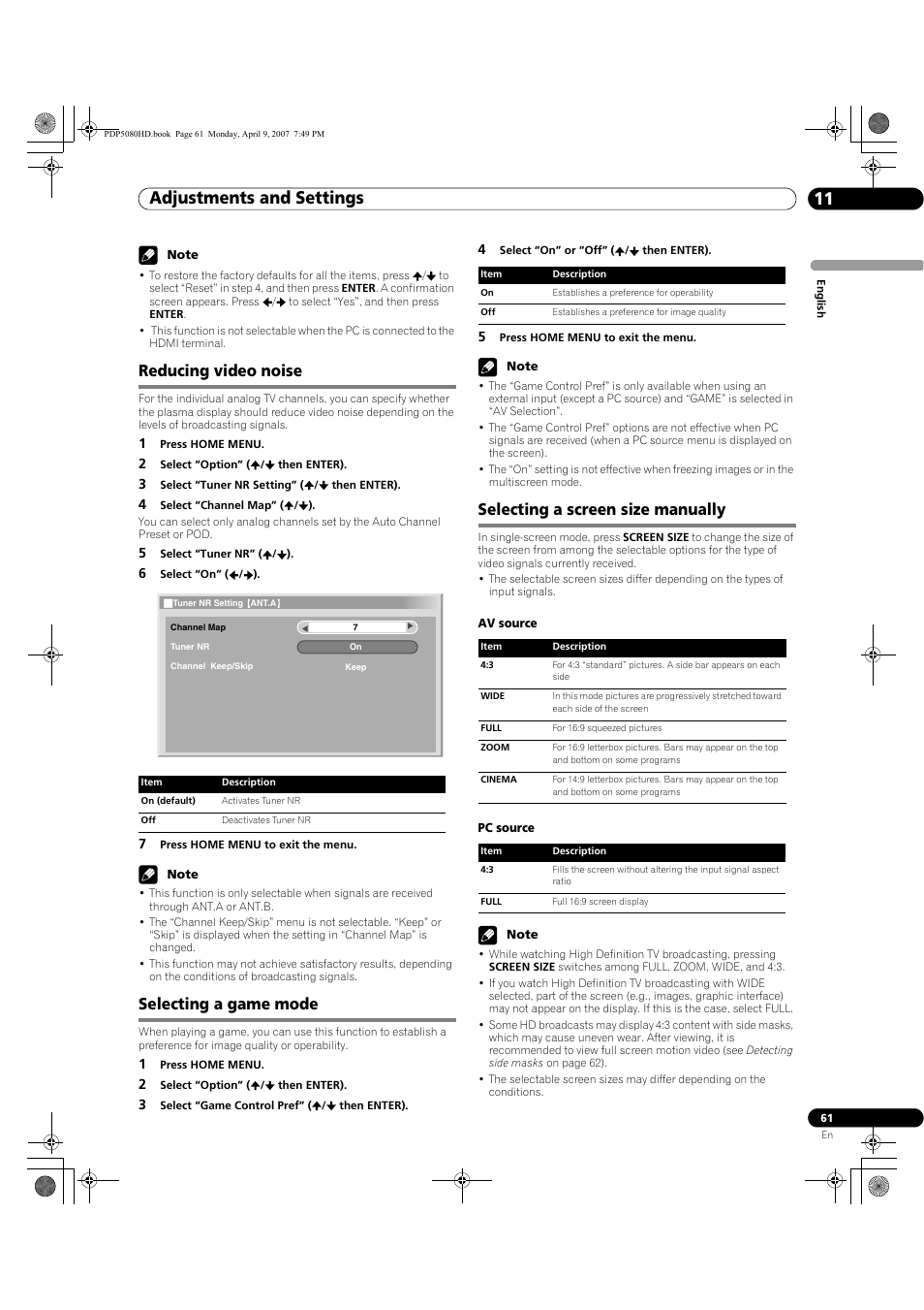 Adjustments and settings 11, Reducing video noise, Selecting a game mode | Selecting a screen size manually | Pioneer PDP-5080HD User Manual | Page 61 / 285