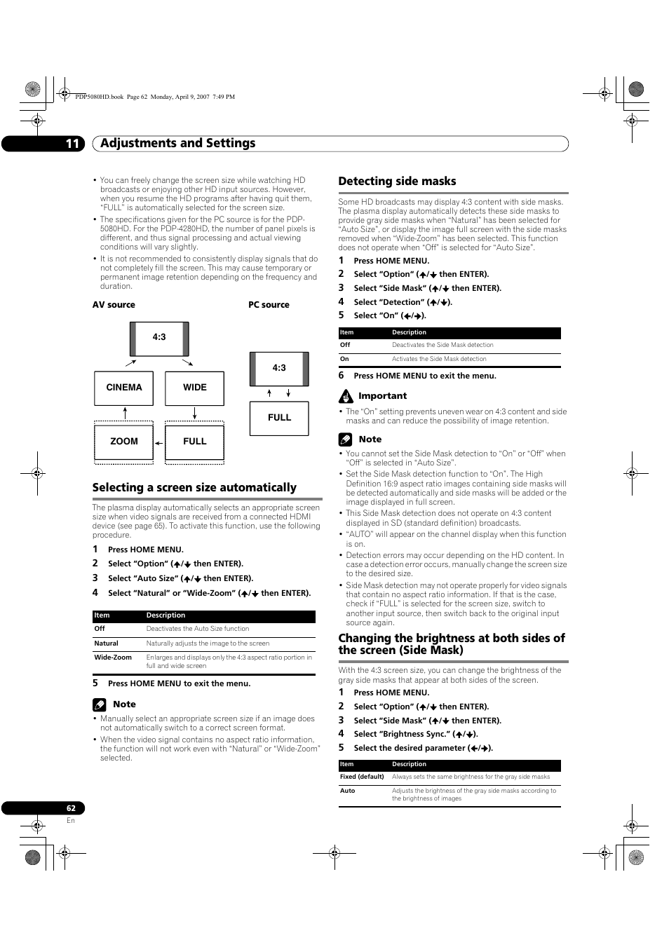 Adjustments and settings 11, Selecting a screen size automatically, Detecting side masks | Pioneer PDP-5080HD User Manual | Page 62 / 285