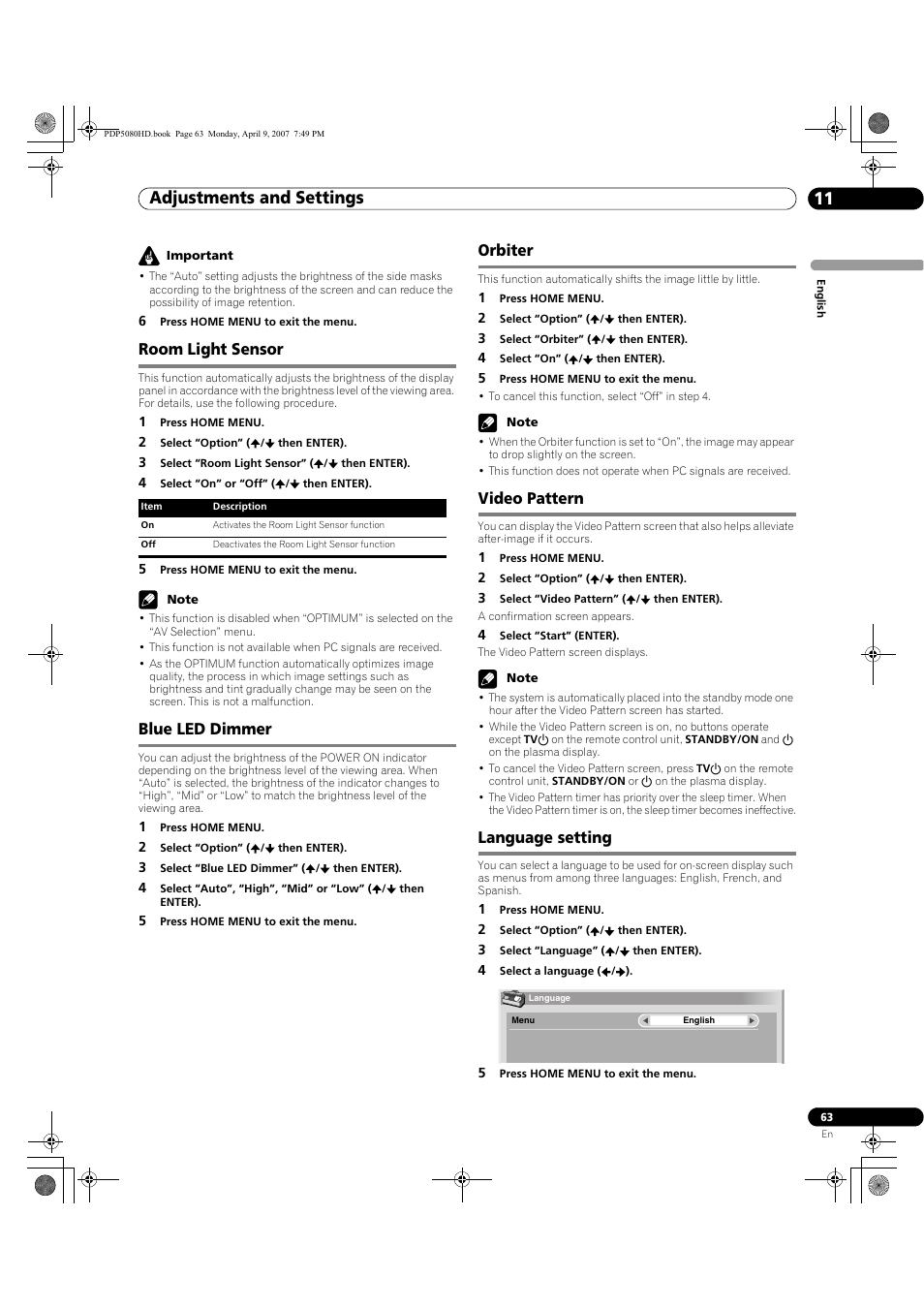 Adjustments and settings 11, Room light sensor, Blue led dimmer | Orbiter, Video pattern, Language setting | Pioneer PDP-5080HD User Manual | Page 63 / 285