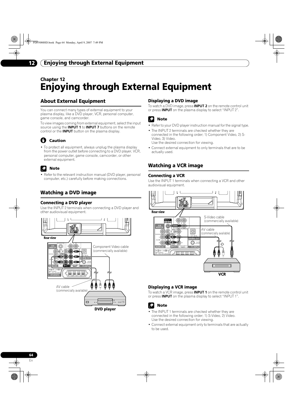 12 enjoying through external, Equipment, Enjoying through external equipment | Enjoying through external equipment 12, About external equipment, Watching a dvd image, Watching a vcr image | Pioneer PDP-5080HD User Manual | Page 64 / 285