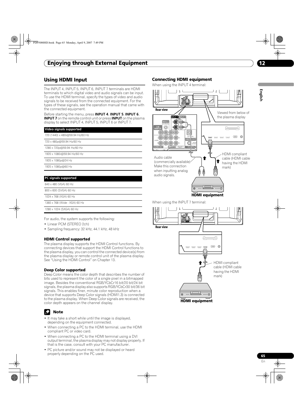 Using hdmi input, Enjoying through external equipment 12 | Pioneer PDP-5080HD User Manual | Page 65 / 285