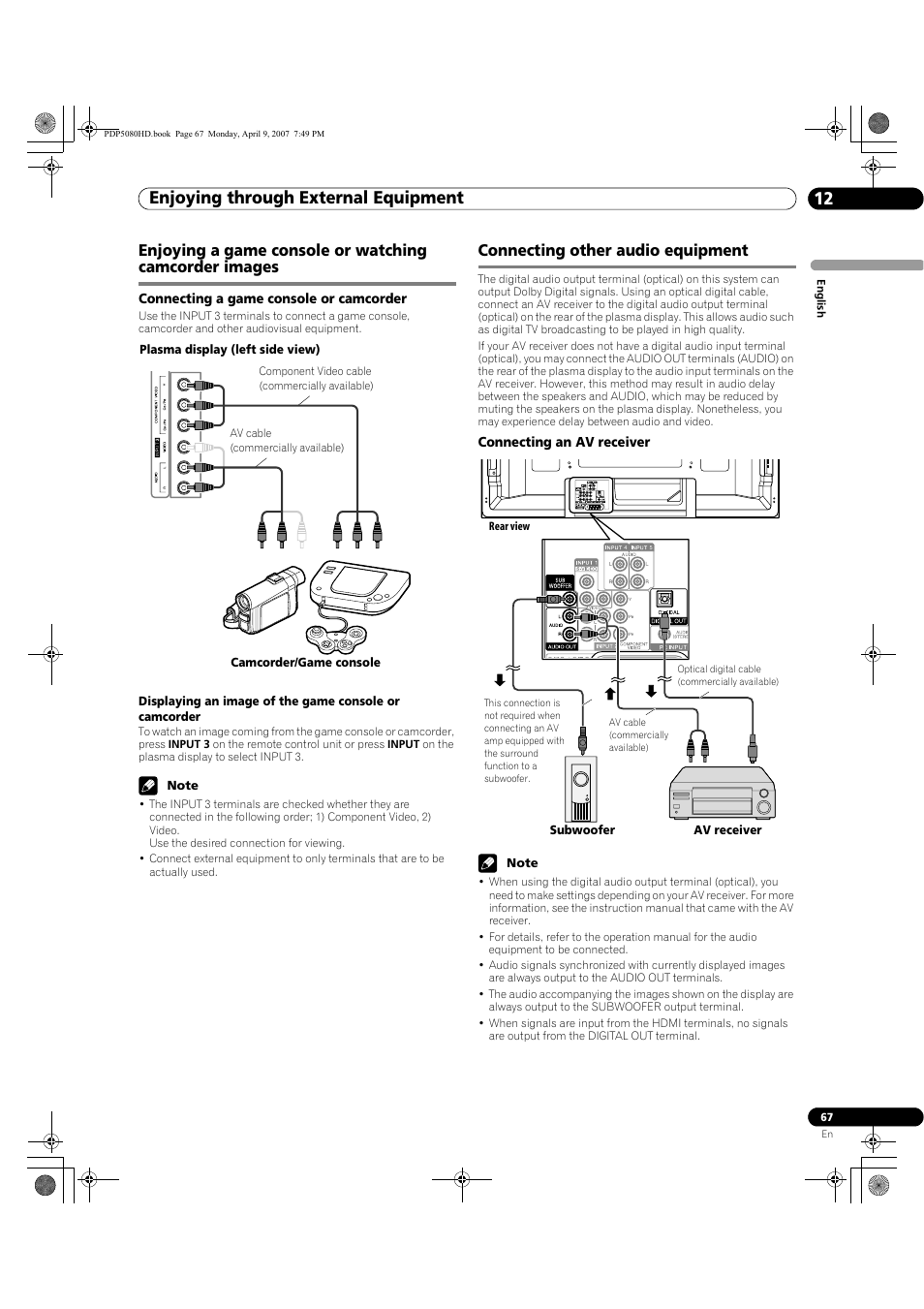Enjoying through external equipment 12, Connecting other audio equipment | Pioneer PDP-5080HD User Manual | Page 67 / 285