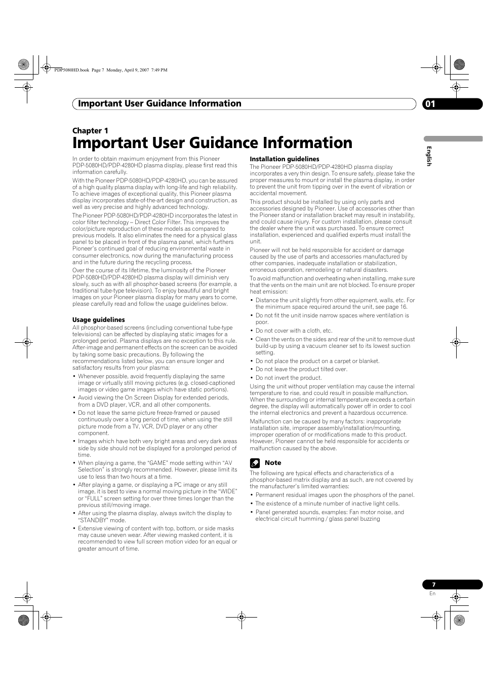 01 important user guidance, Information, Important user guidance information | Important user guidance information 01 | Pioneer PDP-5080HD User Manual | Page 7 / 285