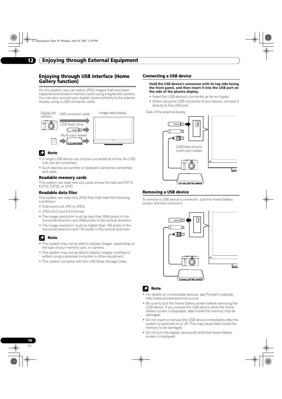 Connecting a usb device removing a usb device, Enjoying through external equipment 12 | Pioneer PDP-5080HD User Manual | Page 70 / 285