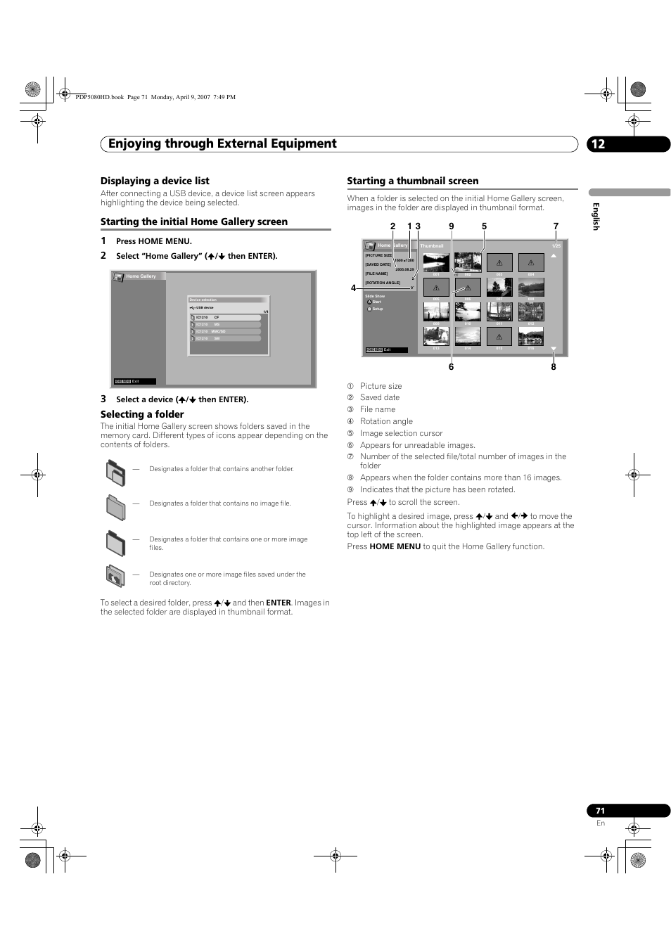 Enjoying through external equipment 12, Displaying a device list, Starting the initial home gallery screen 1 | Selecting a folder, Starting a thumbnail screen | Pioneer PDP-5080HD User Manual | Page 71 / 285