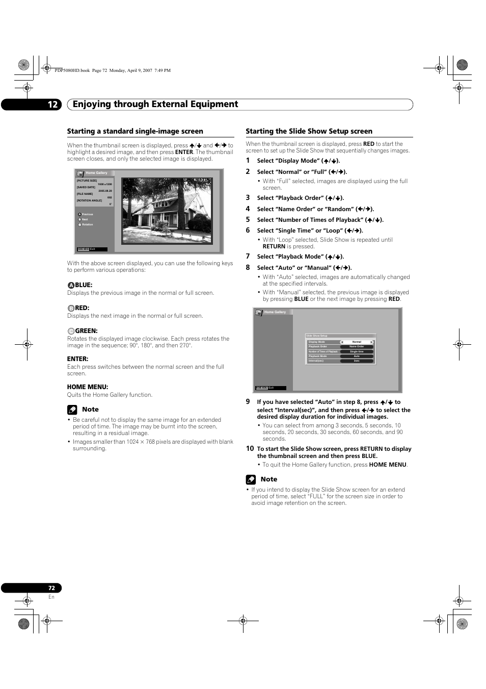 Enjoying through external equipment 12, Starting a standard single-image screen, Starting the slide show setup screen | Pioneer PDP-5080HD User Manual | Page 72 / 285