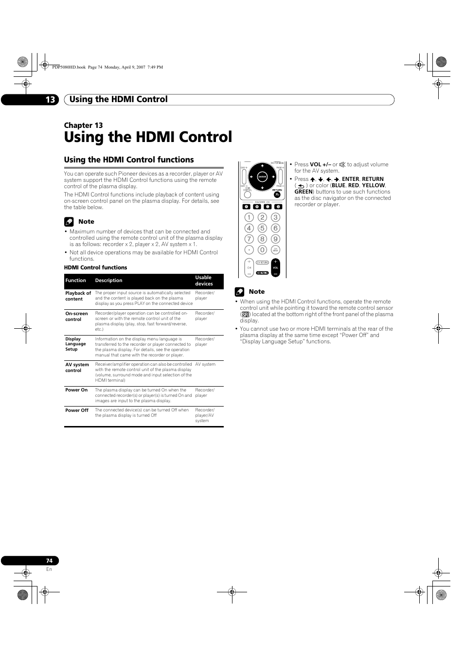 13 using the hdmi control, Using the hdmi control functions, Using the hdmi control | Using the hdmi control 13, Chapter 13 | Pioneer PDP-5080HD User Manual | Page 74 / 285