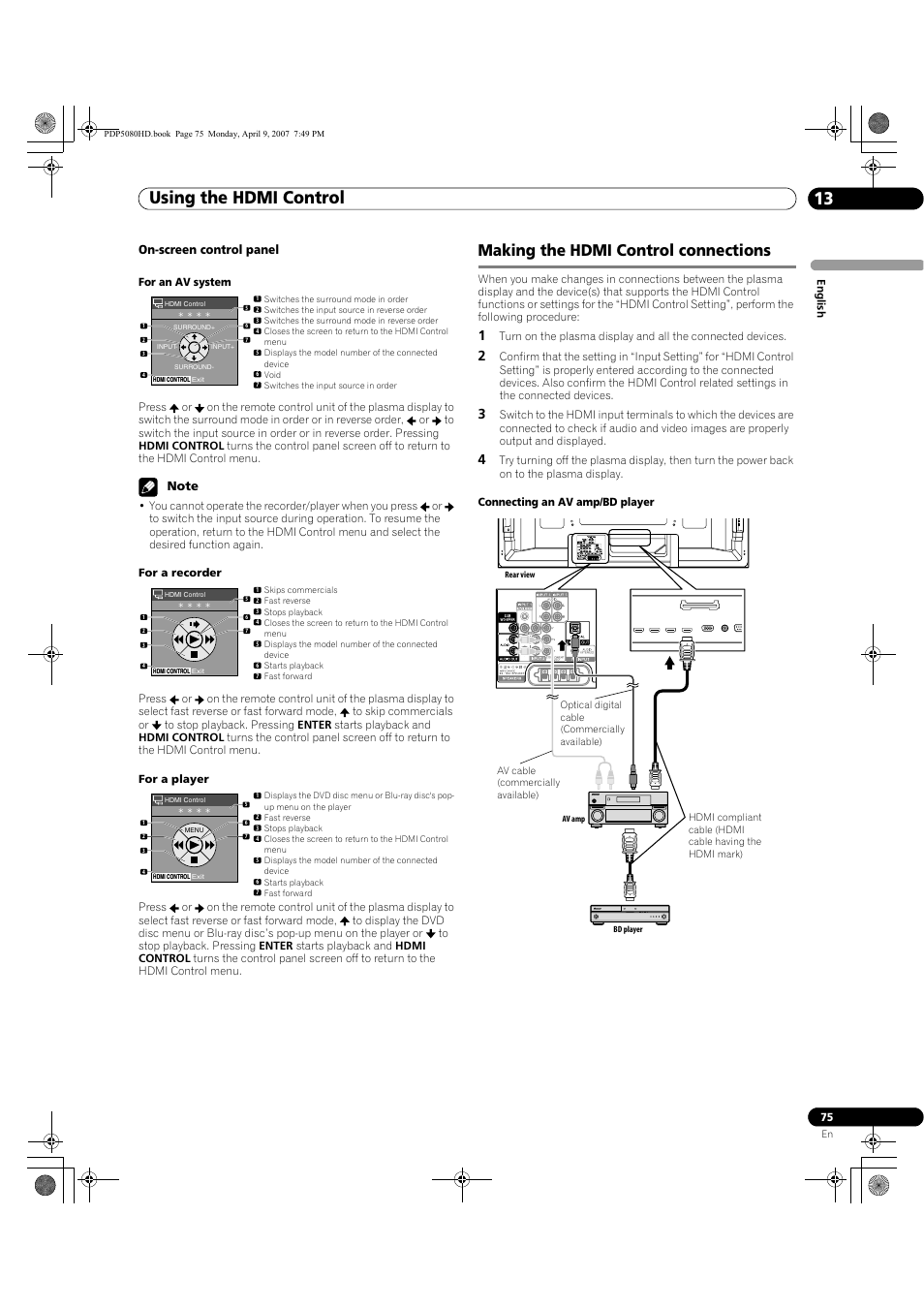 Making the hdmi control connections, Using the hdmi control 13, On-screen control panel | Pioneer PDP-5080HD User Manual | Page 75 / 285