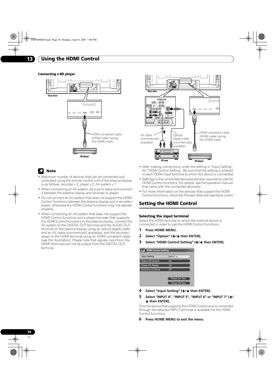 Setting the hdmi control, Using the hdmi control 13 | Pioneer PDP-5080HD User Manual | Page 76 / 285
