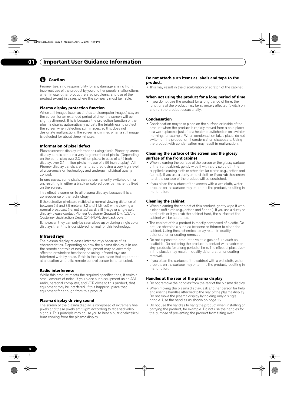 Important user guidance information 01 | Pioneer PDP-5080HD User Manual | Page 8 / 285