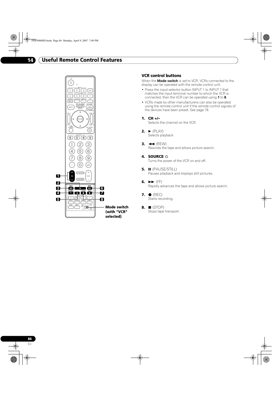 Useful remote control features 14 | Pioneer PDP-5080HD User Manual | Page 86 / 285