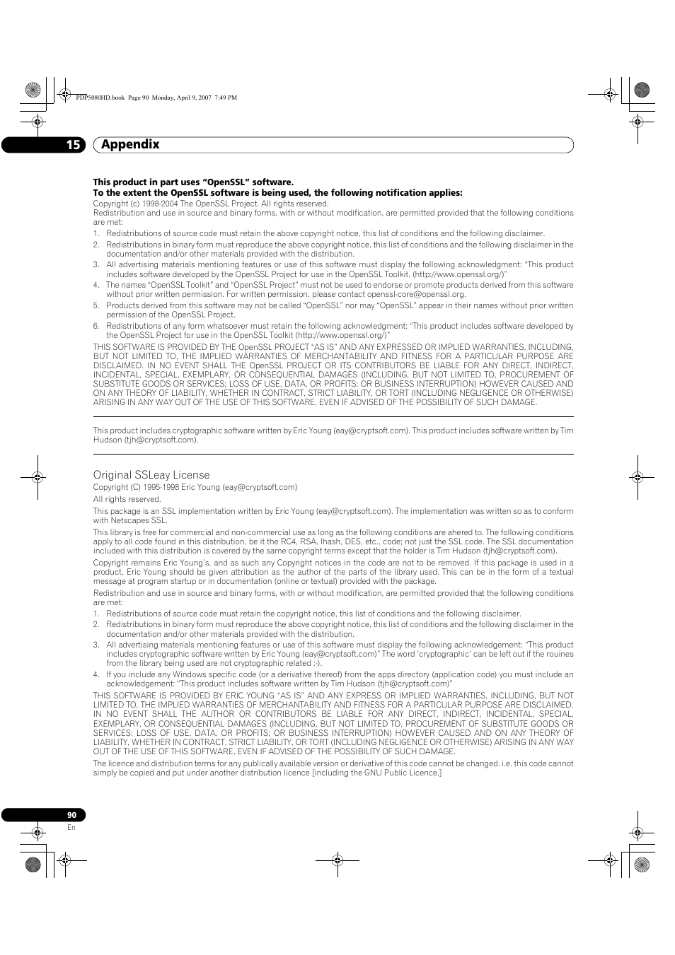 Appendix 15, Original ssleay license | Pioneer PDP-5080HD User Manual | Page 90 / 285