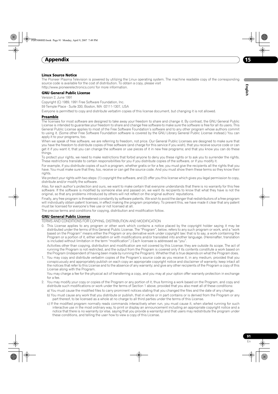 Appendix 15 | Pioneer PDP-5080HD User Manual | Page 91 / 285