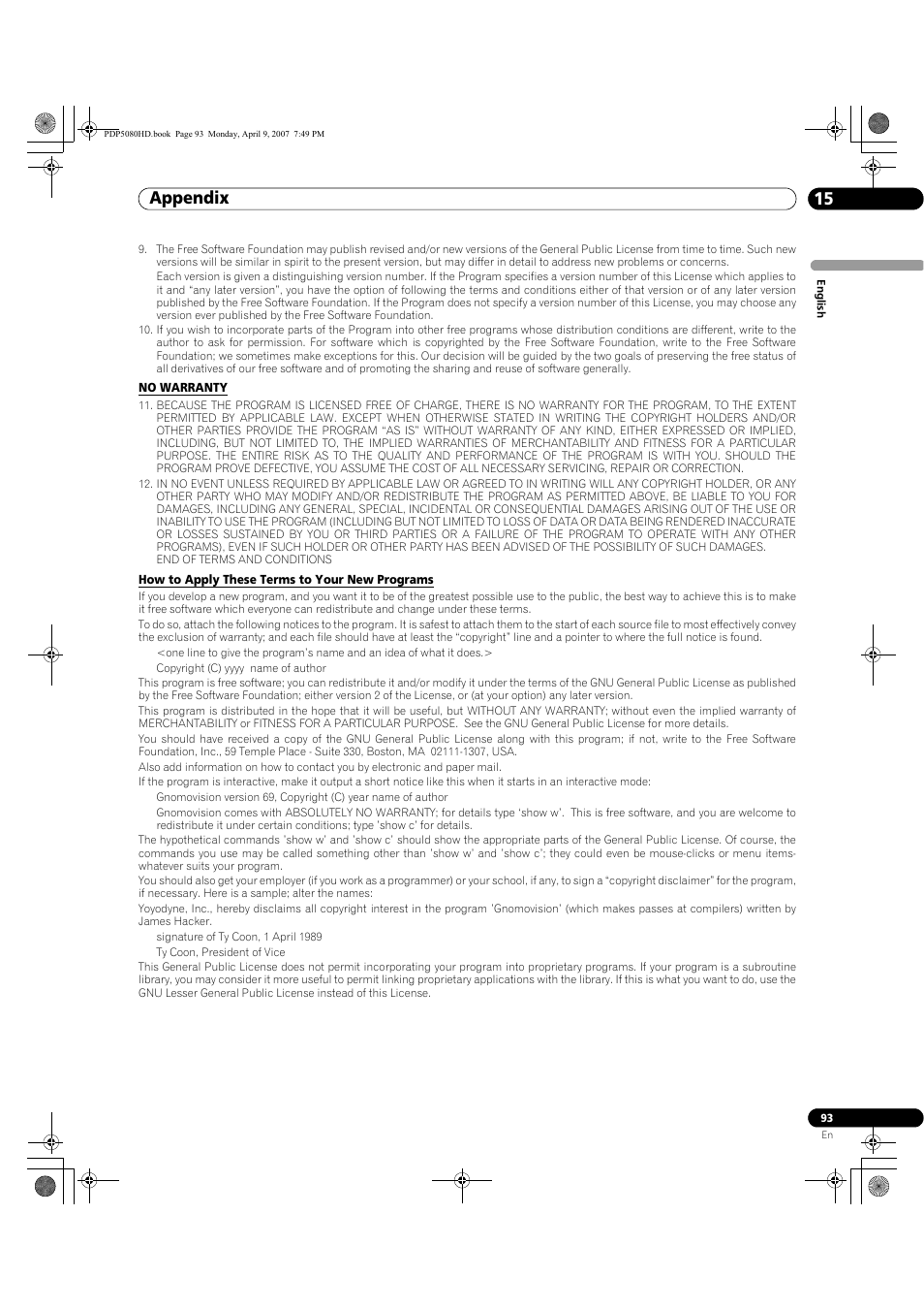 Appendix 15 | Pioneer PDP-5080HD User Manual | Page 93 / 285