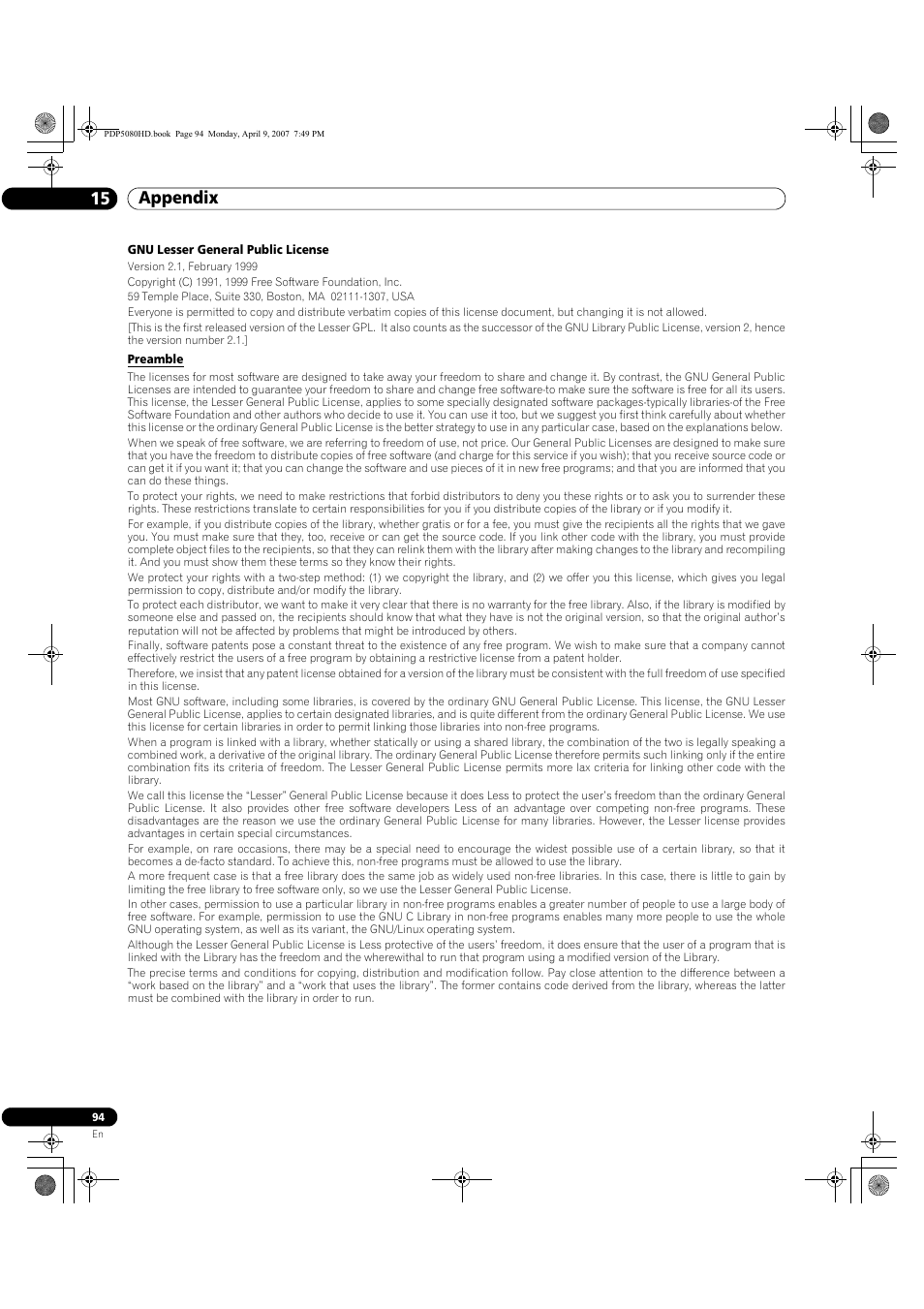 Appendix 15 | Pioneer PDP-5080HD User Manual | Page 94 / 285