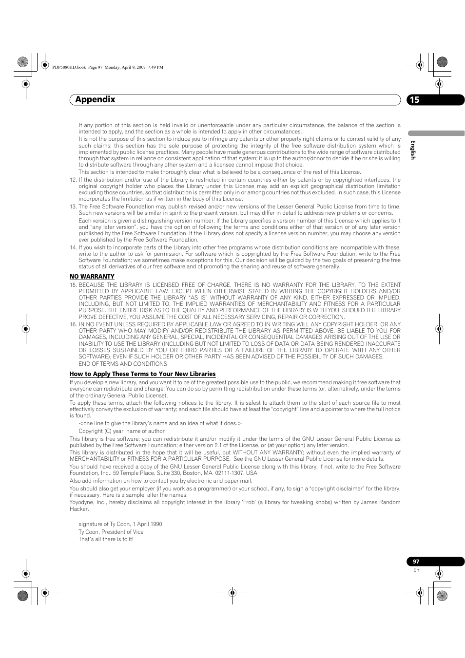 Appendix 15 | Pioneer PDP-5080HD User Manual | Page 97 / 285