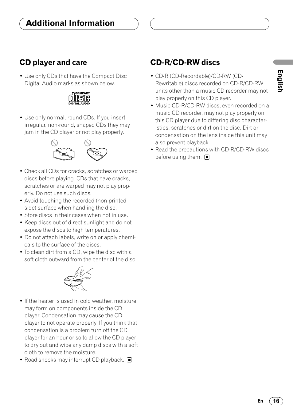 Additional information, Cd player and care 16 cd-r/cd-rw discs 16, Cd player and care | Cd-r/cd-rw discs | Pioneer DEH-340 User Manual | Page 17 / 56