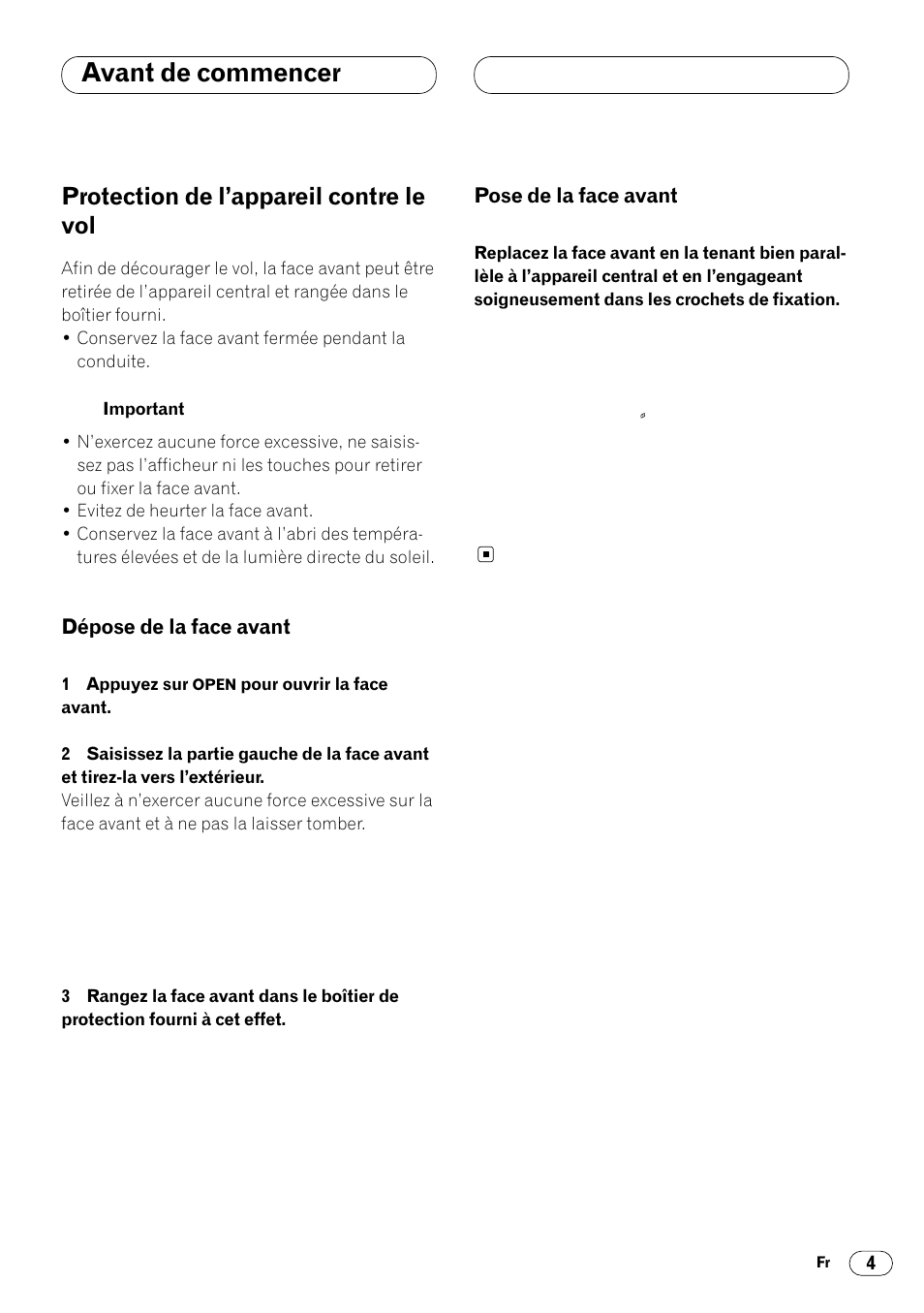 Protection de l’appareil contre le vol 4, Avant de commencer, Protection de l’appareil contre le vol | Pioneer DEH-340 User Manual | Page 23 / 56