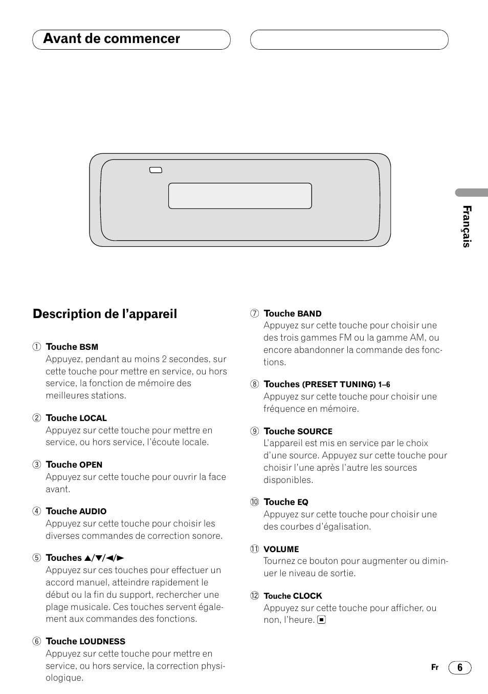 Description de l’appareil 6, Avant de commencer, Description de l’appareil | Pioneer DEH-340 User Manual | Page 25 / 56