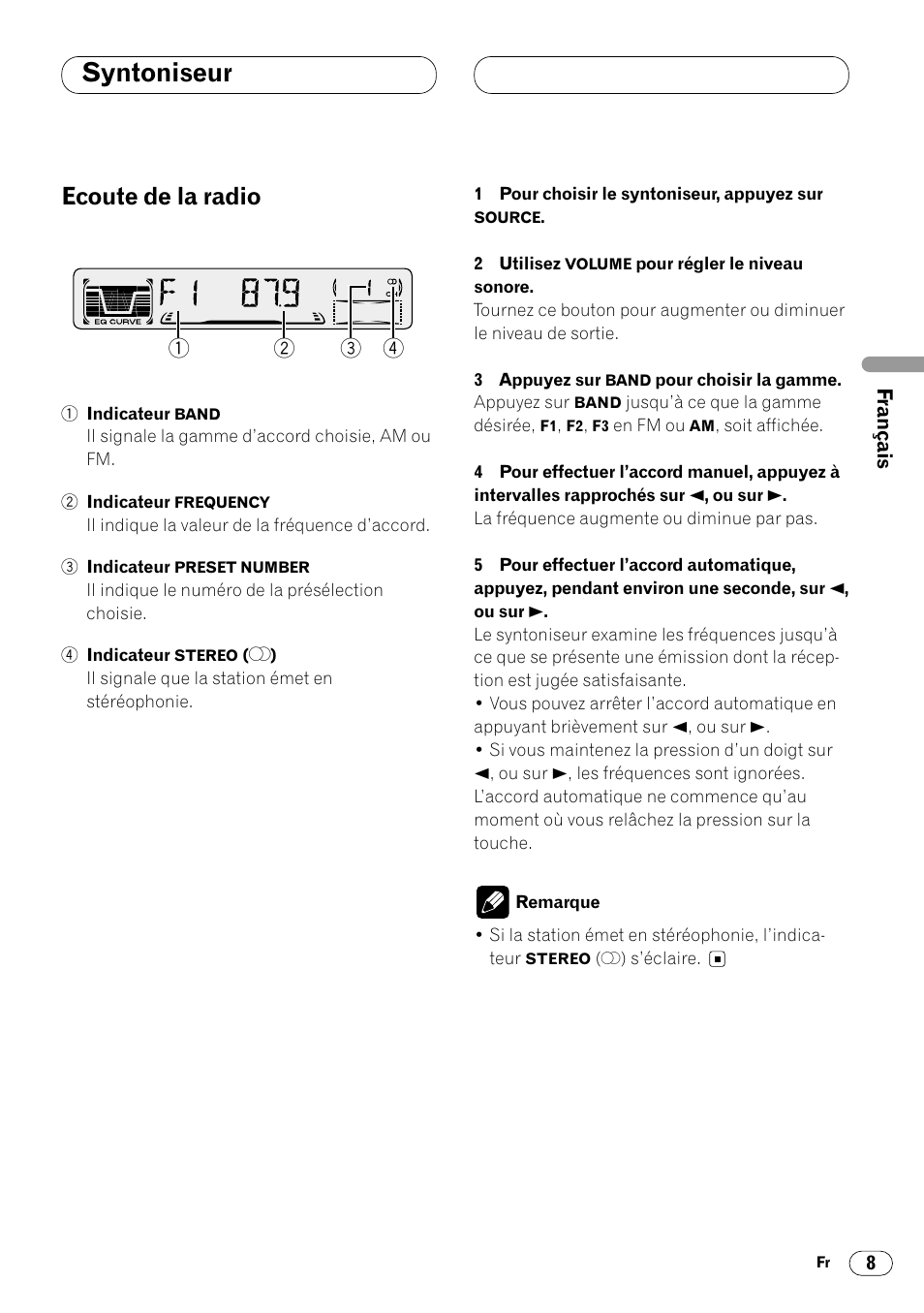 Syntoniseur, Ecoute de la radio 8, Ecoute de la radio | Pioneer DEH-340 User Manual | Page 27 / 56