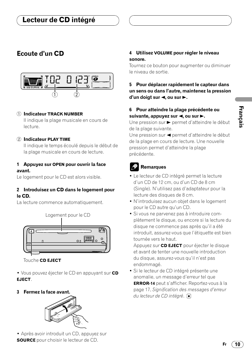 Lecteur de cd intégré, Ecoute d’un cd 10, Ecoute d’un cd | Pioneer DEH-340 User Manual | Page 29 / 56