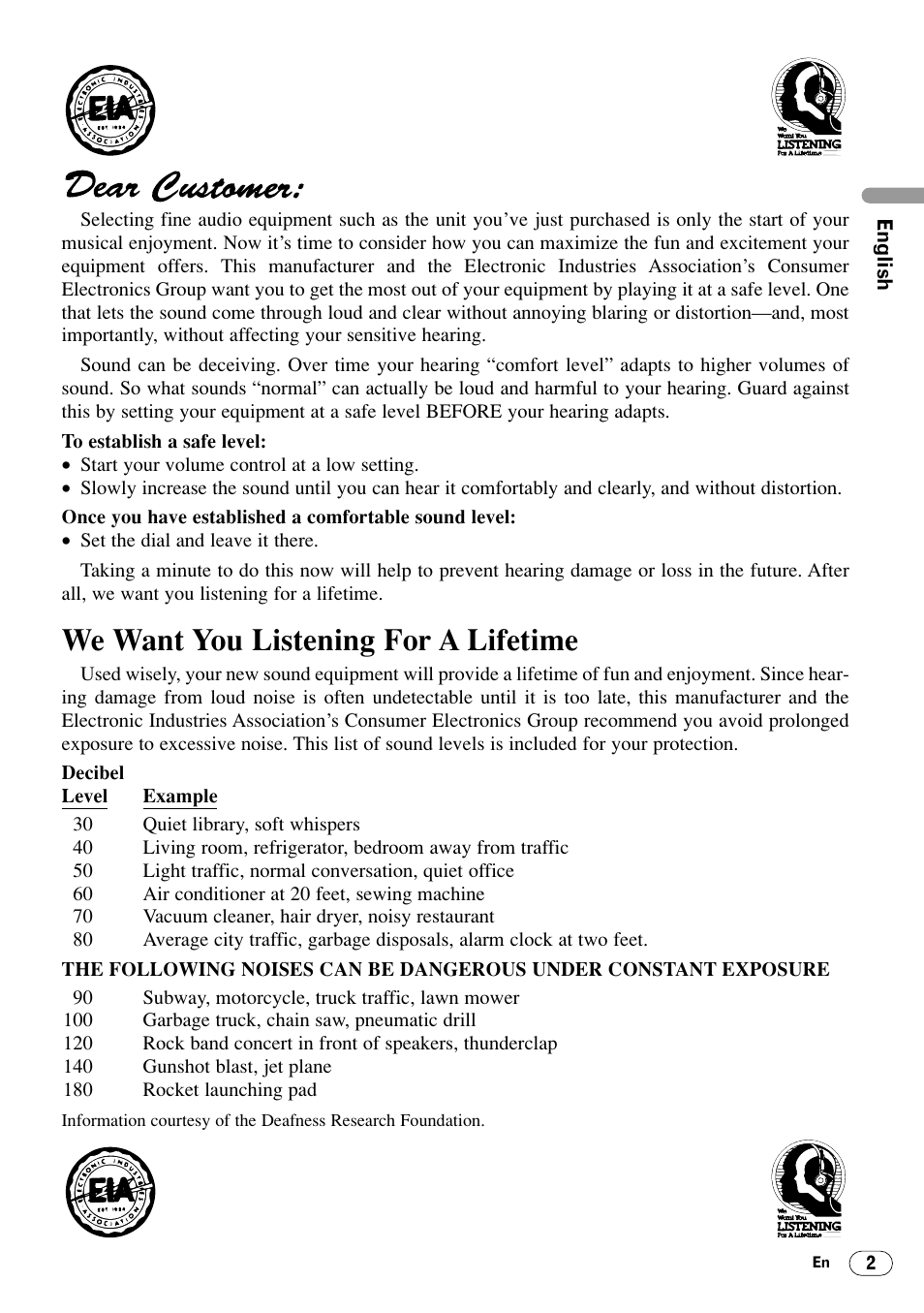 Before you start, Dear customer 2, We want you listening for a lifetime | Pioneer DEH-340 User Manual | Page 3 / 56