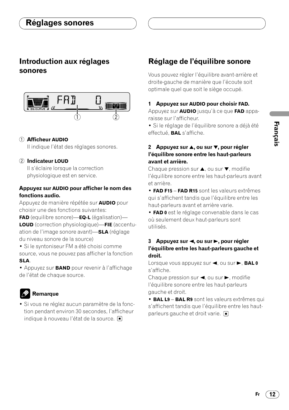 Réglages sonores, Introduction aux réglages sonores, Réglage de l’équilibre sonore | Pioneer DEH-340 User Manual | Page 31 / 56