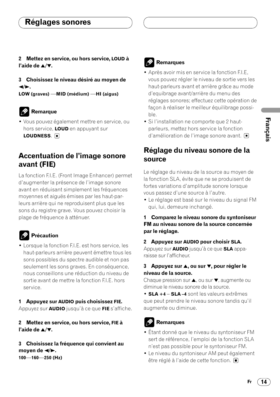 Accentuation de l’image sonore avant, Fie) 14, Réglage du niveau sonore de la source 14 | Réglages sonores, Accentuation de l’image sonore avant (fie), Réglage du niveau sonore de la source | Pioneer DEH-340 User Manual | Page 33 / 56