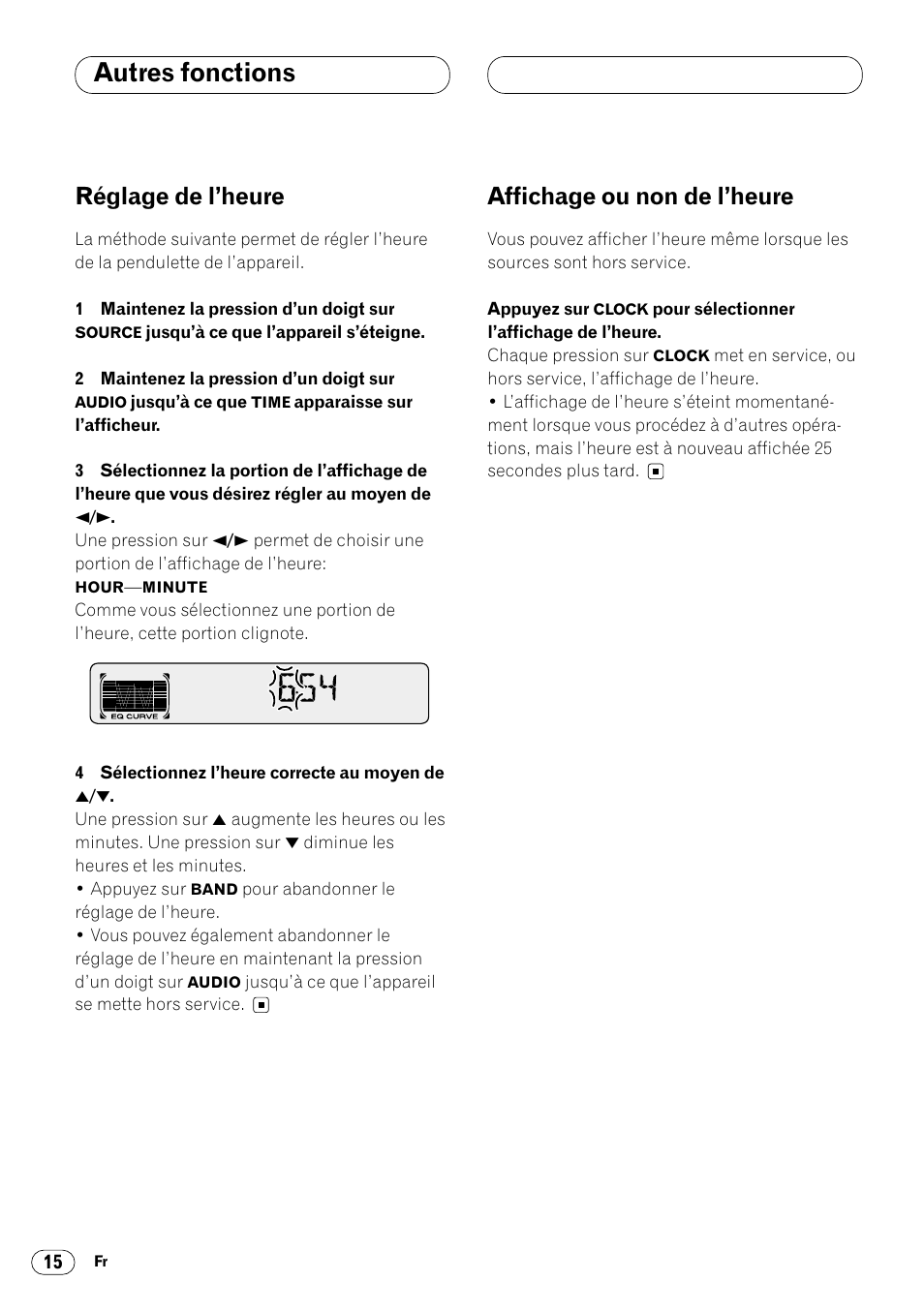 Autres fonctions, Réglage de l’heure, Affichage ou non de l’heure | Pioneer DEH-340 User Manual | Page 34 / 56