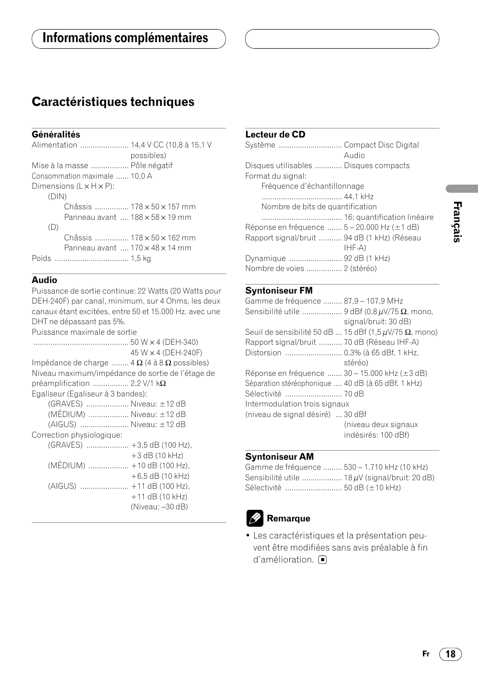 Caractéristiques techniques 18, Informations complémentaires, Caractéristiques techniques | English f rançais español | Pioneer DEH-340 User Manual | Page 37 / 56