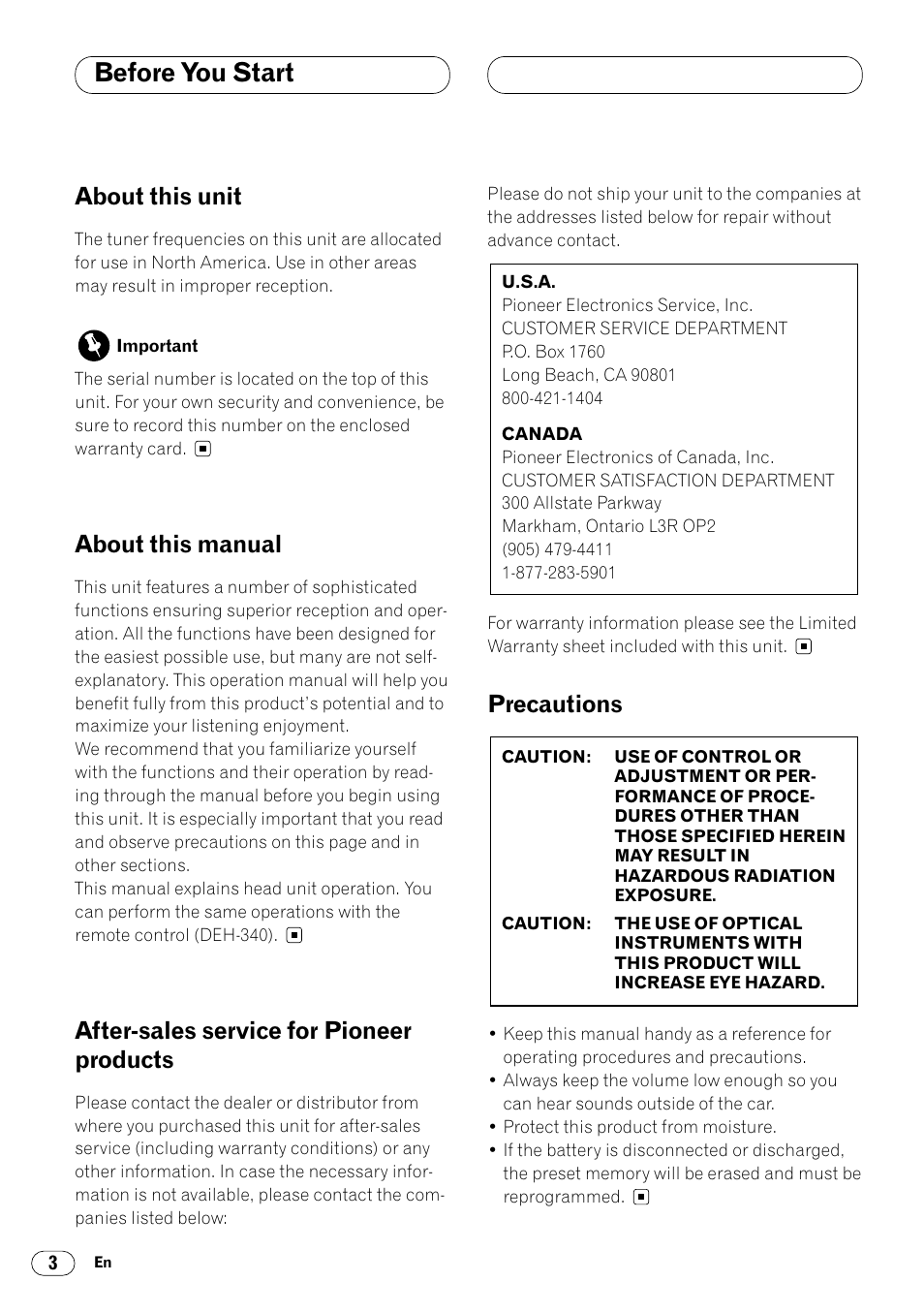 Before you start, About this unit, About this manual | After-sales service for pioneer products, Precautions | Pioneer DEH-340 User Manual | Page 4 / 56