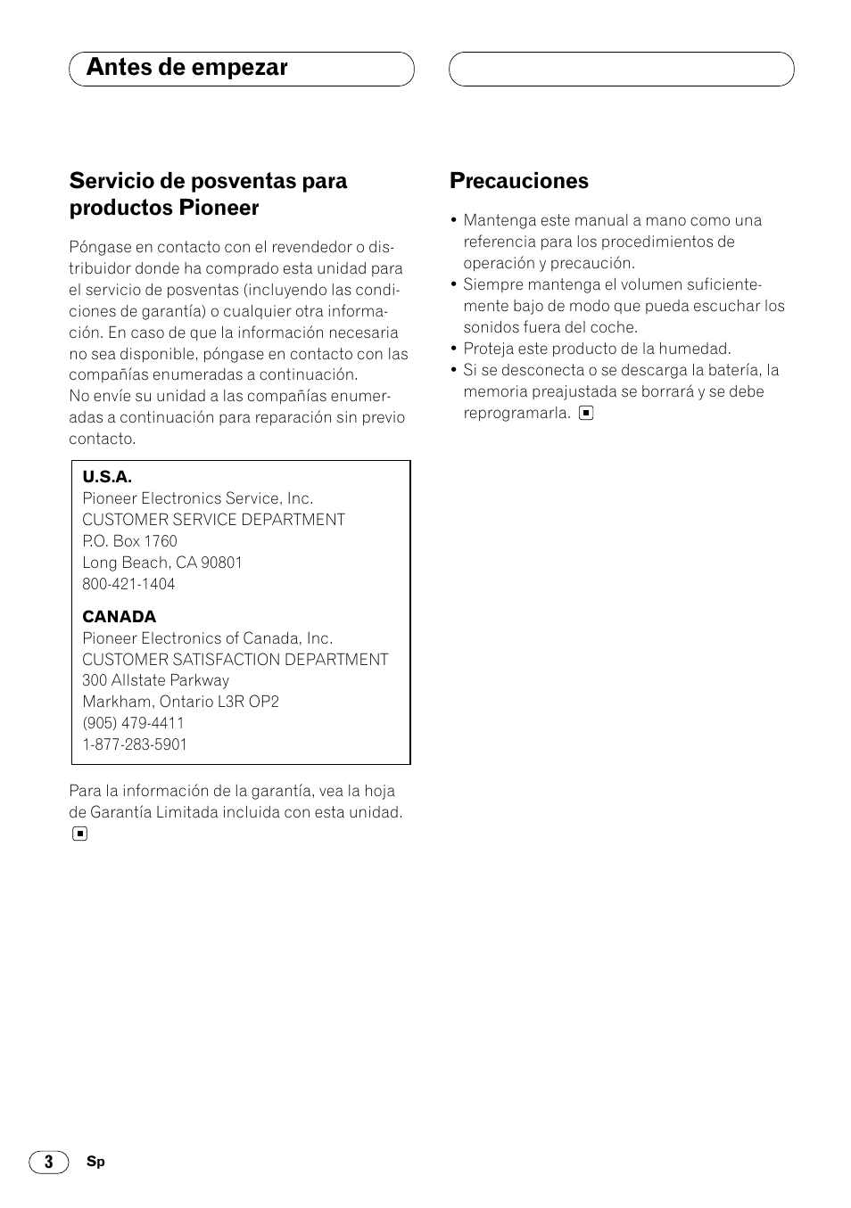 Servicio de posventas para productos, Pioneer 3, Precauciones 3 | Antes de empezar, Servicio de posventas para productos pioneer, Precauciones | Pioneer DEH-340 User Manual | Page 40 / 56