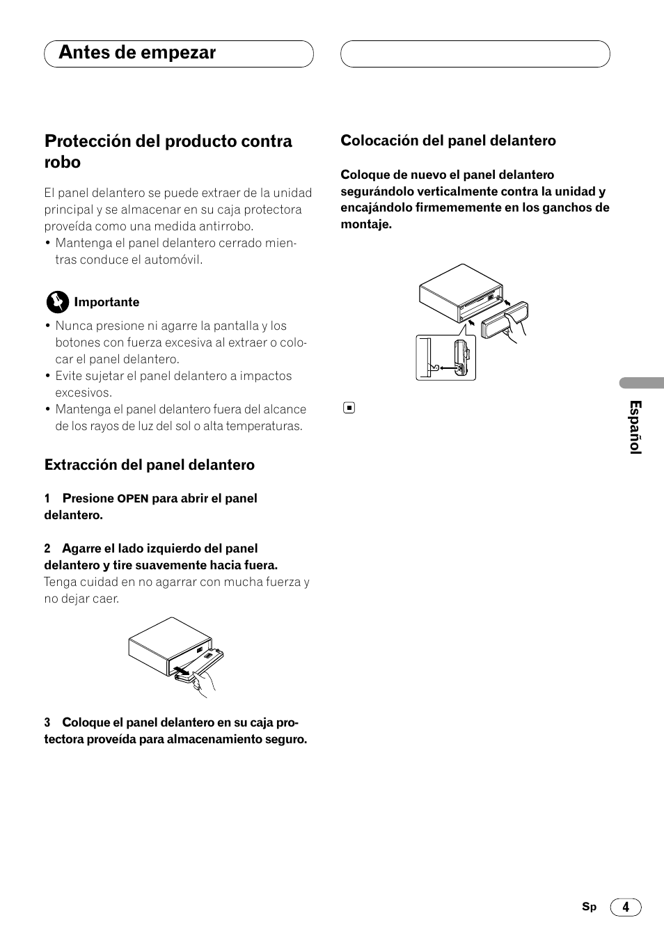 Protección del producto contra robo 4, Antes de empezar, Protección del producto contra robo | Pioneer DEH-340 User Manual | Page 41 / 56