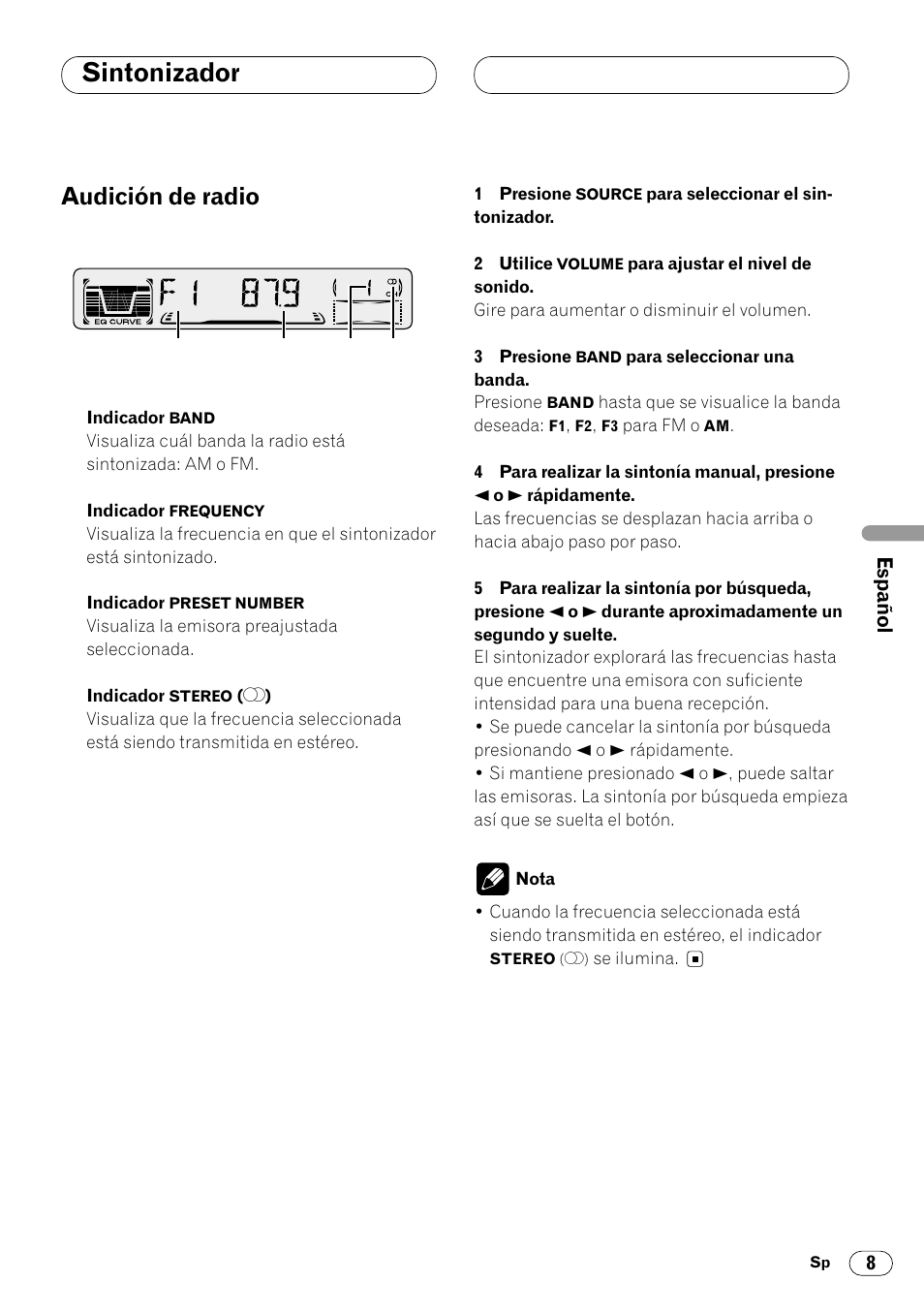 Sintonizador, Audición de radio 8, Audición de radio | Pioneer DEH-340 User Manual | Page 45 / 56