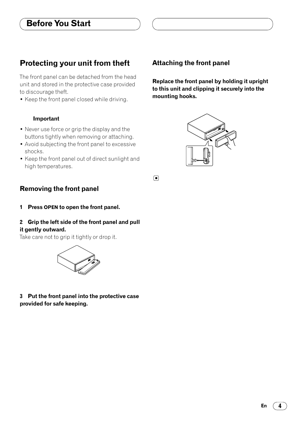 Protecting your unit from theft 4, Before you start, Protecting your unit from theft | Pioneer DEH-340 User Manual | Page 5 / 56