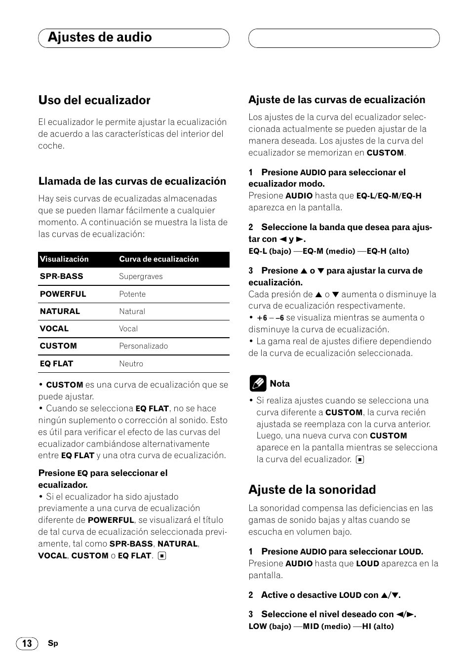 Uso del ecualizador 13, Llamada de las curvas de, Ecualización 13 | Ajuste de las curvas de ecualización 13, Ajuste de la sonoridad 13, Ajustes de audio, Uso del ecualizador, Ajuste de la sonoridad, Llamada de las curvas de ecualización, Ajuste de las curvas de ecualización | Pioneer DEH-340 User Manual | Page 50 / 56