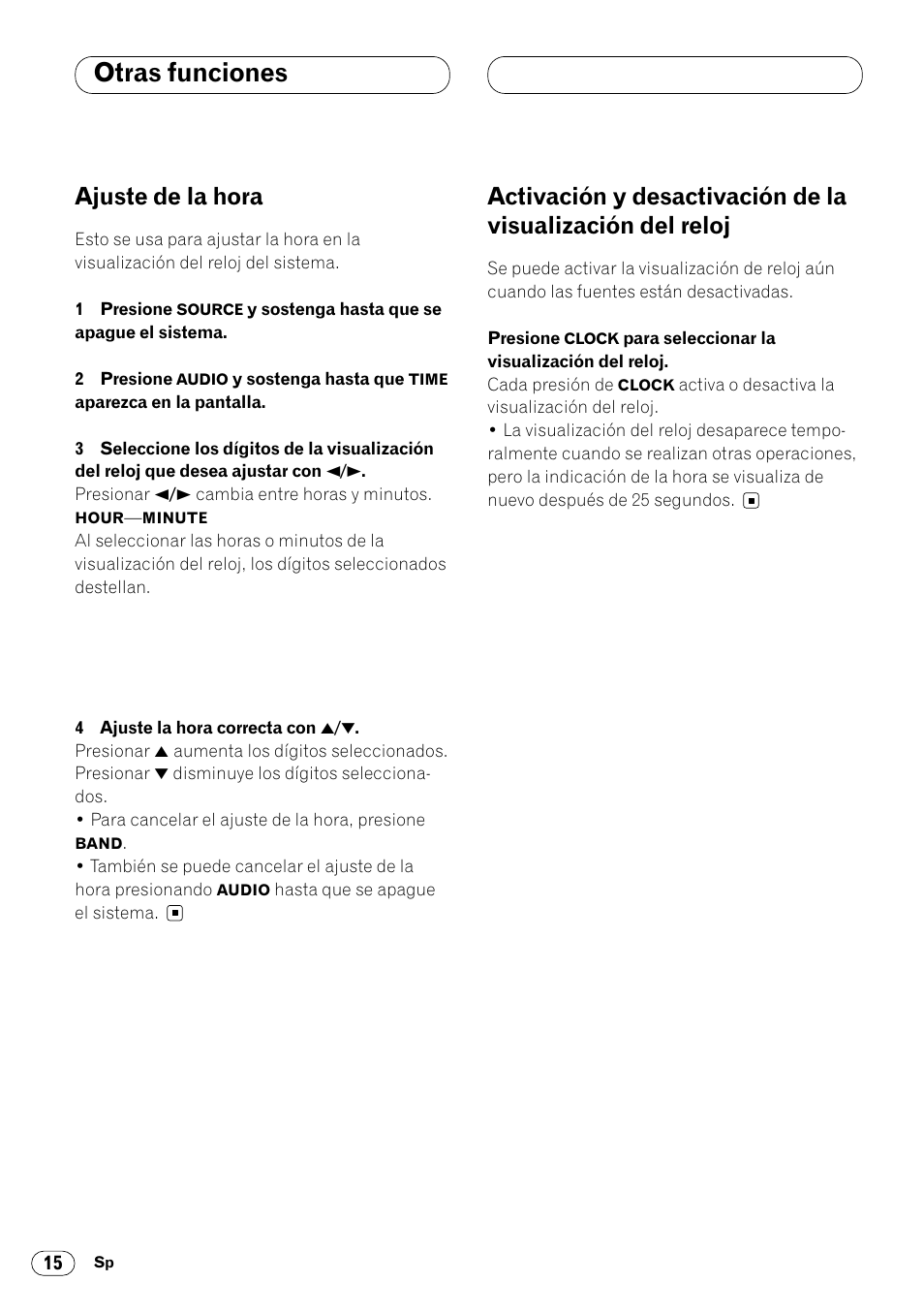 Otras funciones, Visualización del reloj 15, Ajuste de la hora | Pioneer DEH-340 User Manual | Page 52 / 56