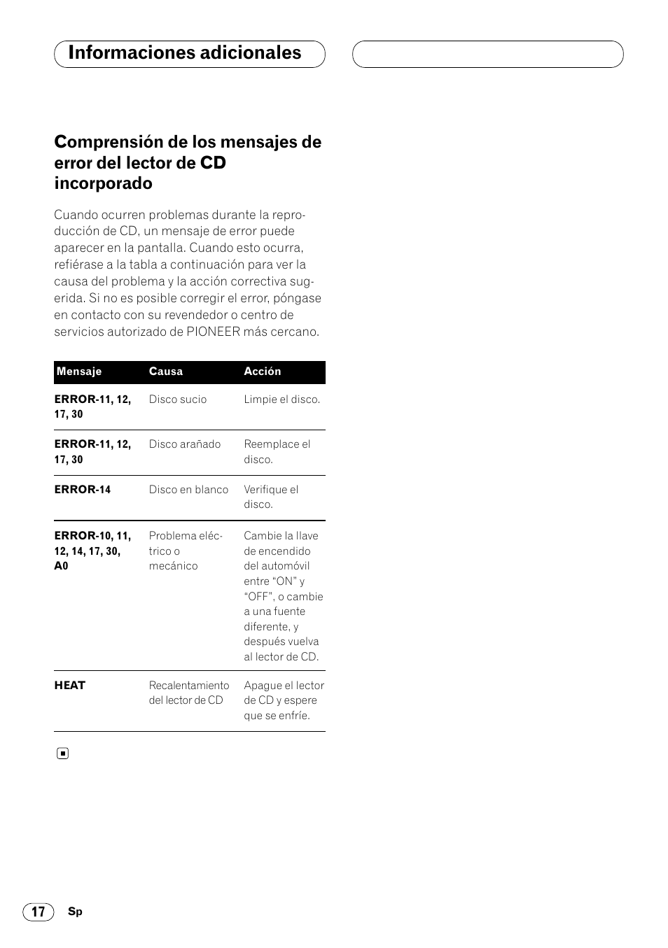 Comprensión de los mensajes de error, Del lector de cd incorporado 17, Informaciones adicionales | Pioneer DEH-340 User Manual | Page 54 / 56