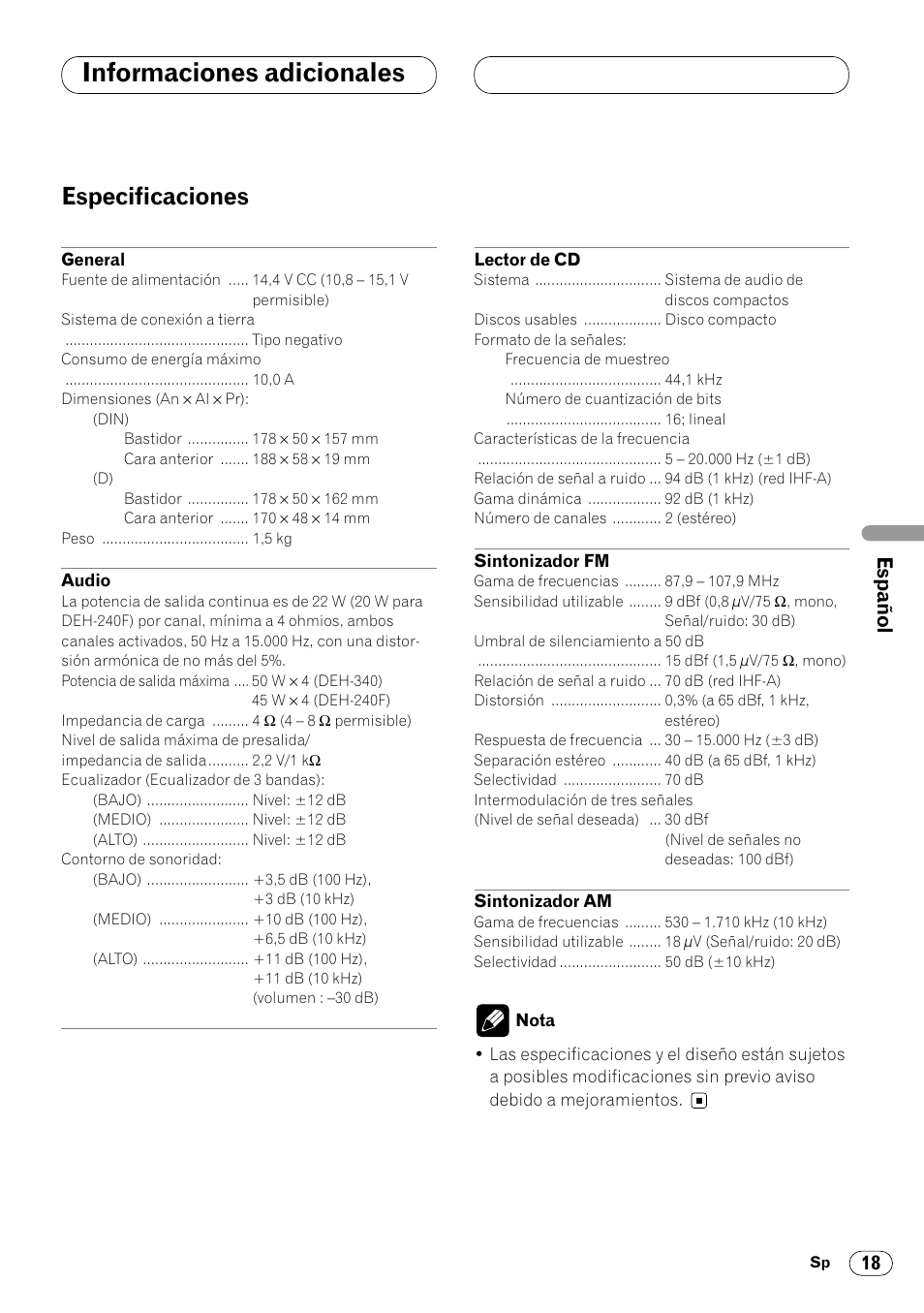 Especificaciones 18, Informaciones adicionales, Especificaciones | English f rançais español | Pioneer DEH-340 User Manual | Page 55 / 56
