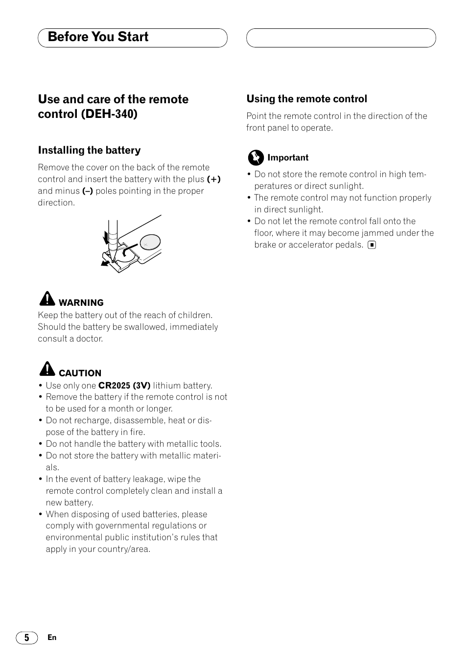 Use and care of the remote control, Before you start, Use and care of the remote control (deh-340) | Pioneer DEH-340 User Manual | Page 6 / 56