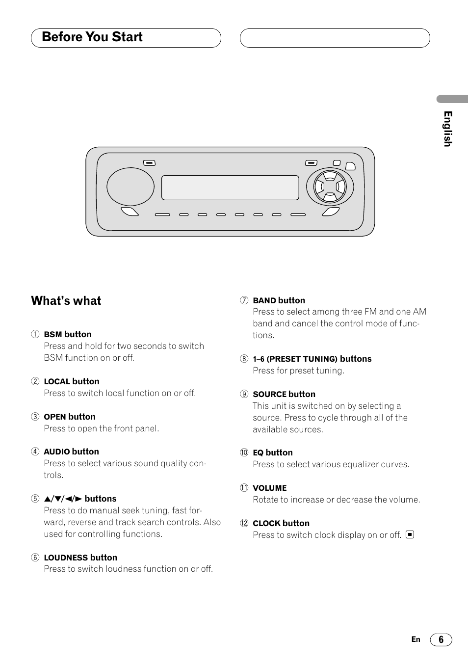 What’s what 6, Before you start, What’s what | Pioneer DEH-340 User Manual | Page 7 / 56